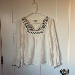 Lucky Brand White Blouse with Black Embroidery